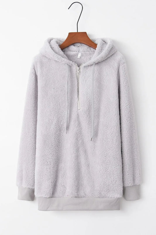 Cozy Quarter-Zip Teddy Hoodie – Full Size, Plush & Playful with Drawstring Style