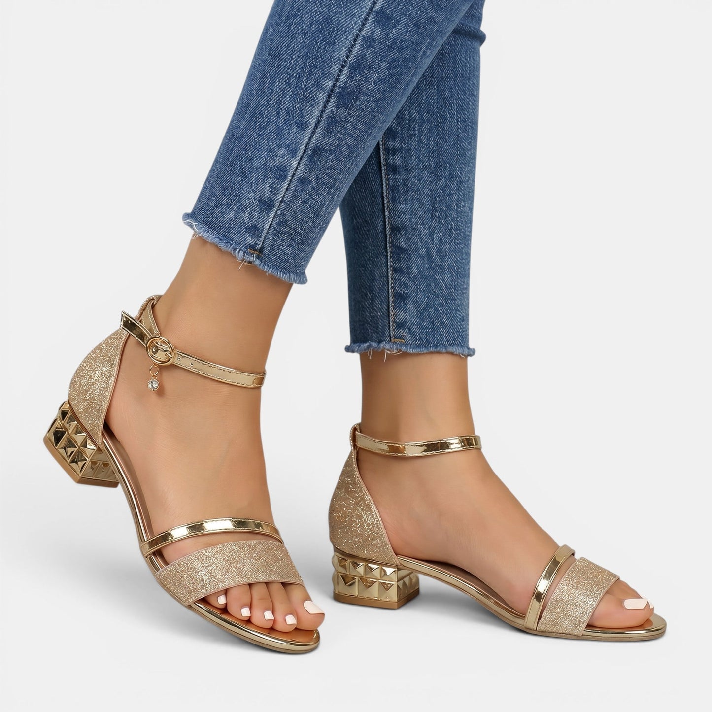 Diana — Glittery Double Strap Sandals With Chic Low Block Heel Design Gold