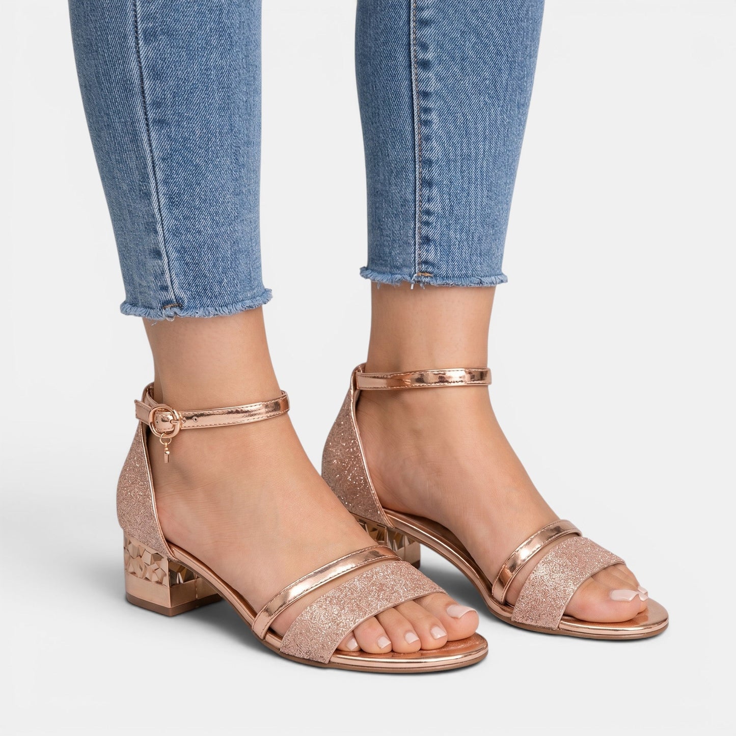 Diana — Glittery Double Strap Sandals With Chic Low Block Heel Design Pink