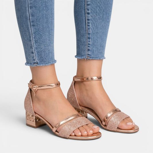 Diana — Glittery Double Strap Sandals With Chic Low Block Heel Design Pink