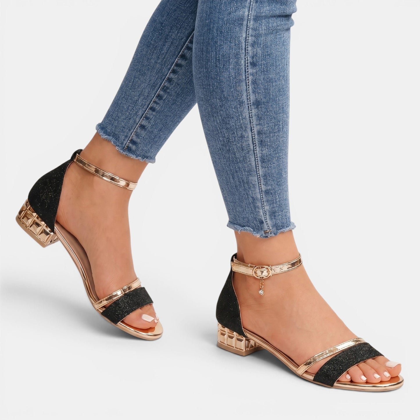Diana — Glittery Double Strap Sandals With Chic Low Block Heel Design Black