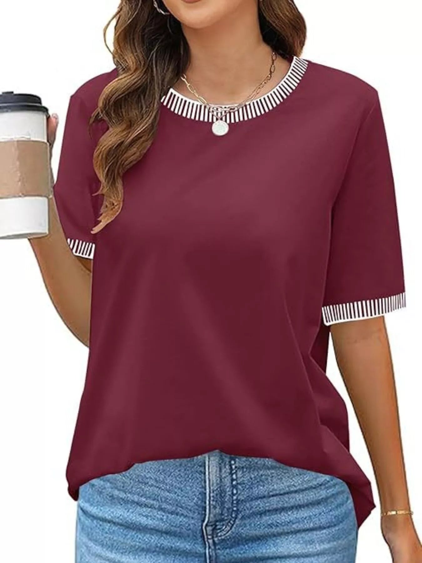 Striped Trim Casual T-Shirt