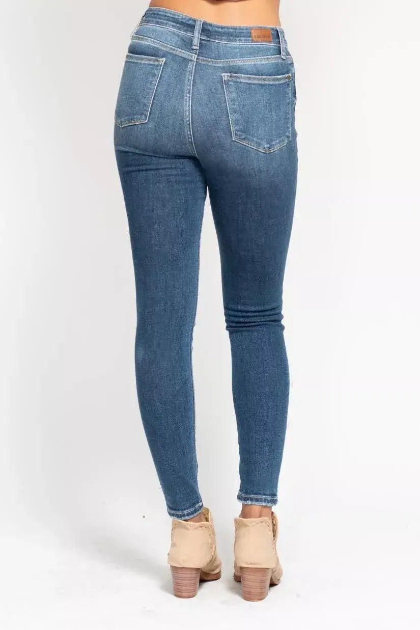 Dusty Dark Blue Full Size High Rise Button Fly Skinny Jeans Plus Size