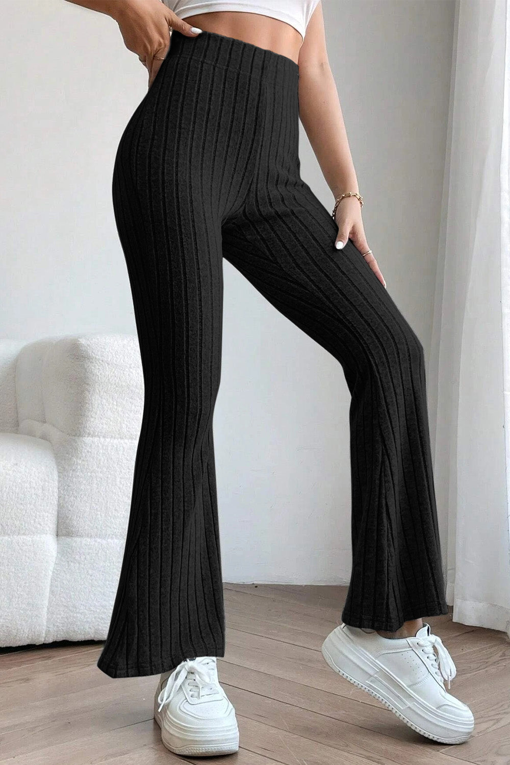 Basic Bae – Gerippte Schlaghose mit hoher Taille in voller Größe