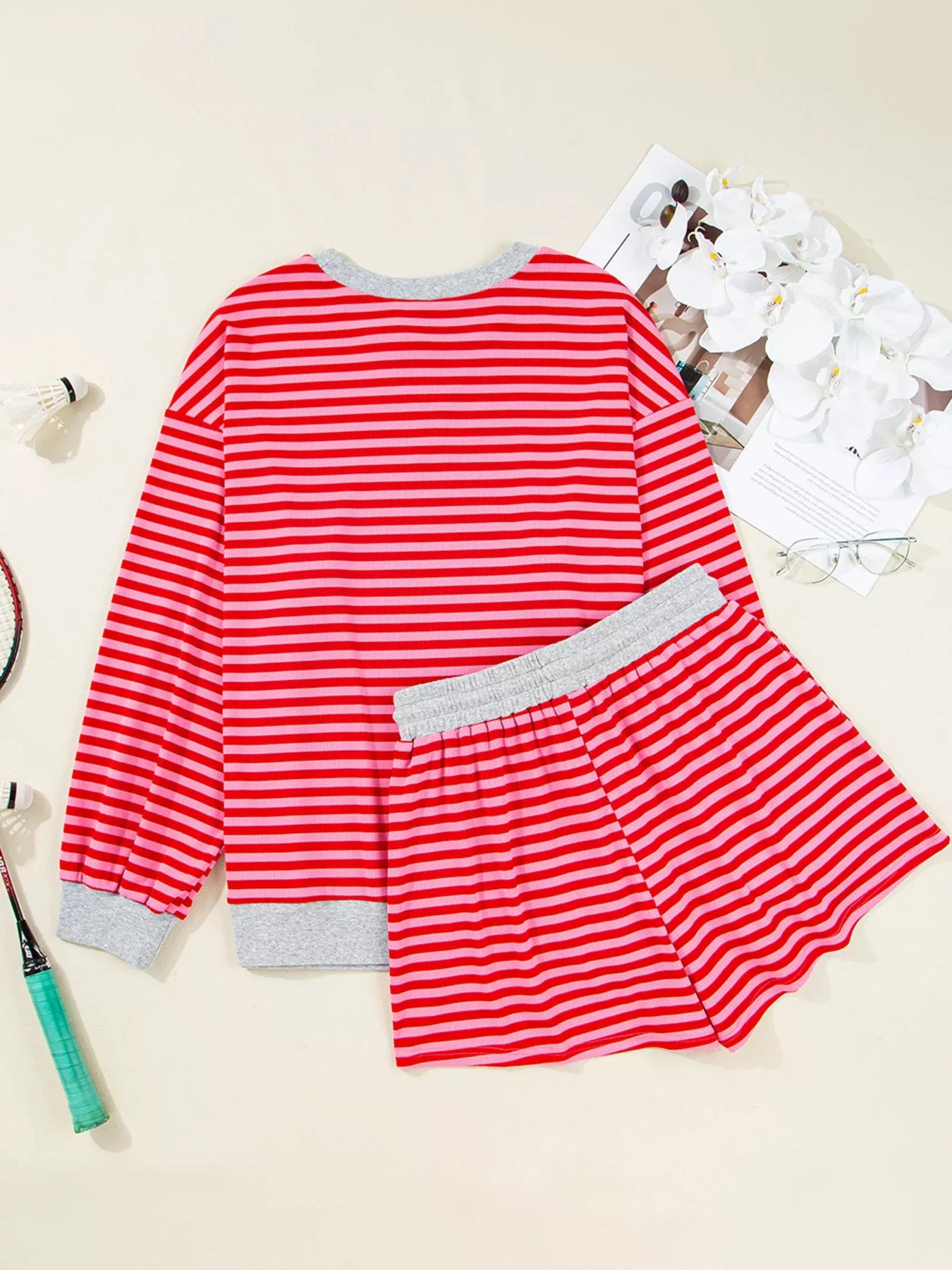 Women's Strawberry Stripe Drop Shoulder Baggy Top & Shorts Set – Casual Lounge Two Piece Outfit
