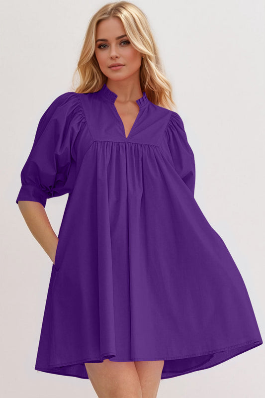 Puff Sleeve Notched Babydoll Mini Dress