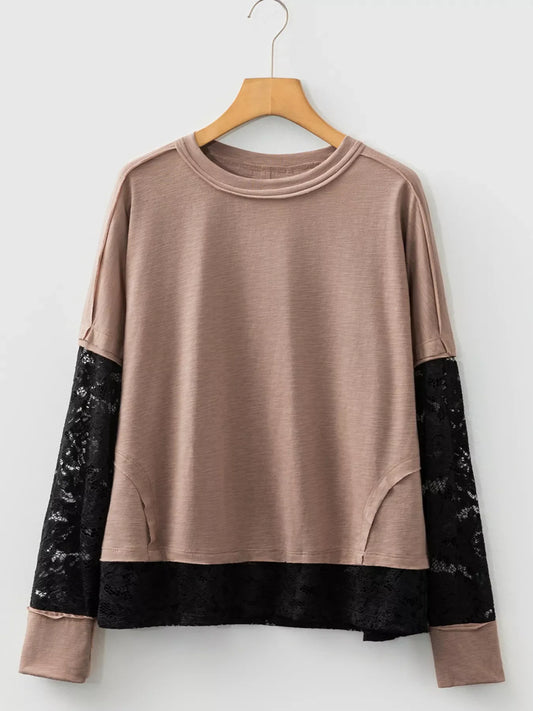 Sheer Lace Patchwork Casual Long Sleeve Tee