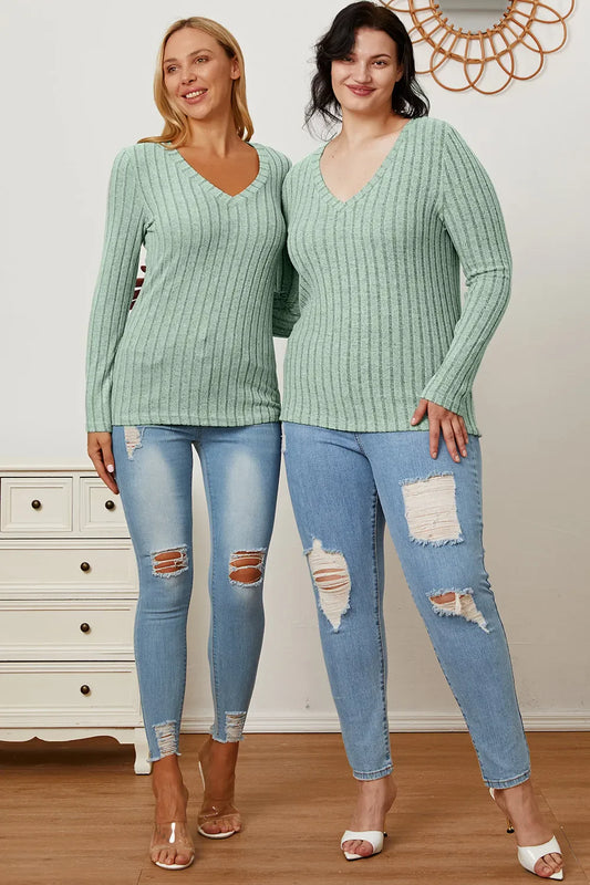 Comfy Ribbed V-Neck Long Sleeve Tee
