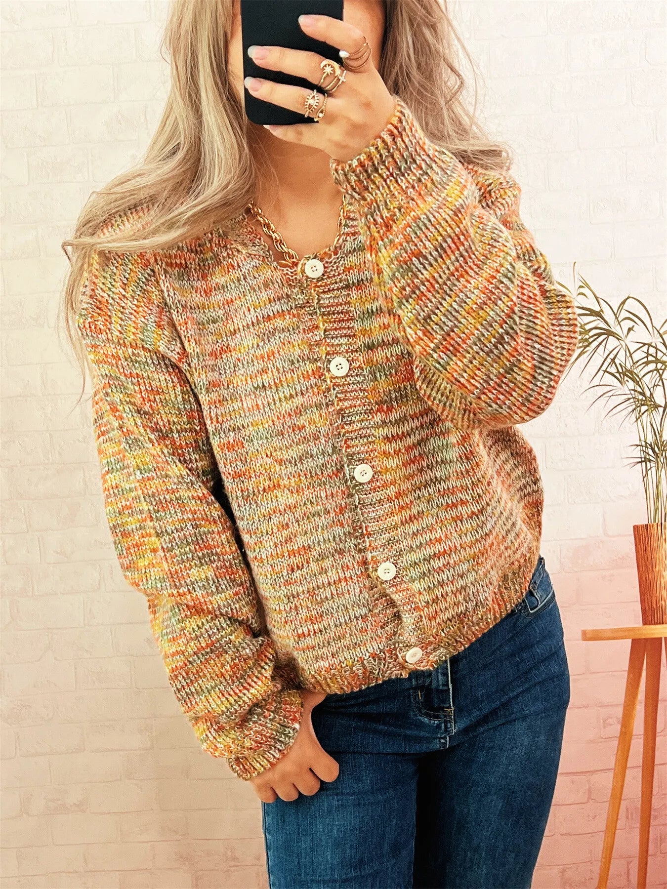 Women’s Multi-Colored Knit Button-Down Cardigan – Cozy Colorblock Sweater