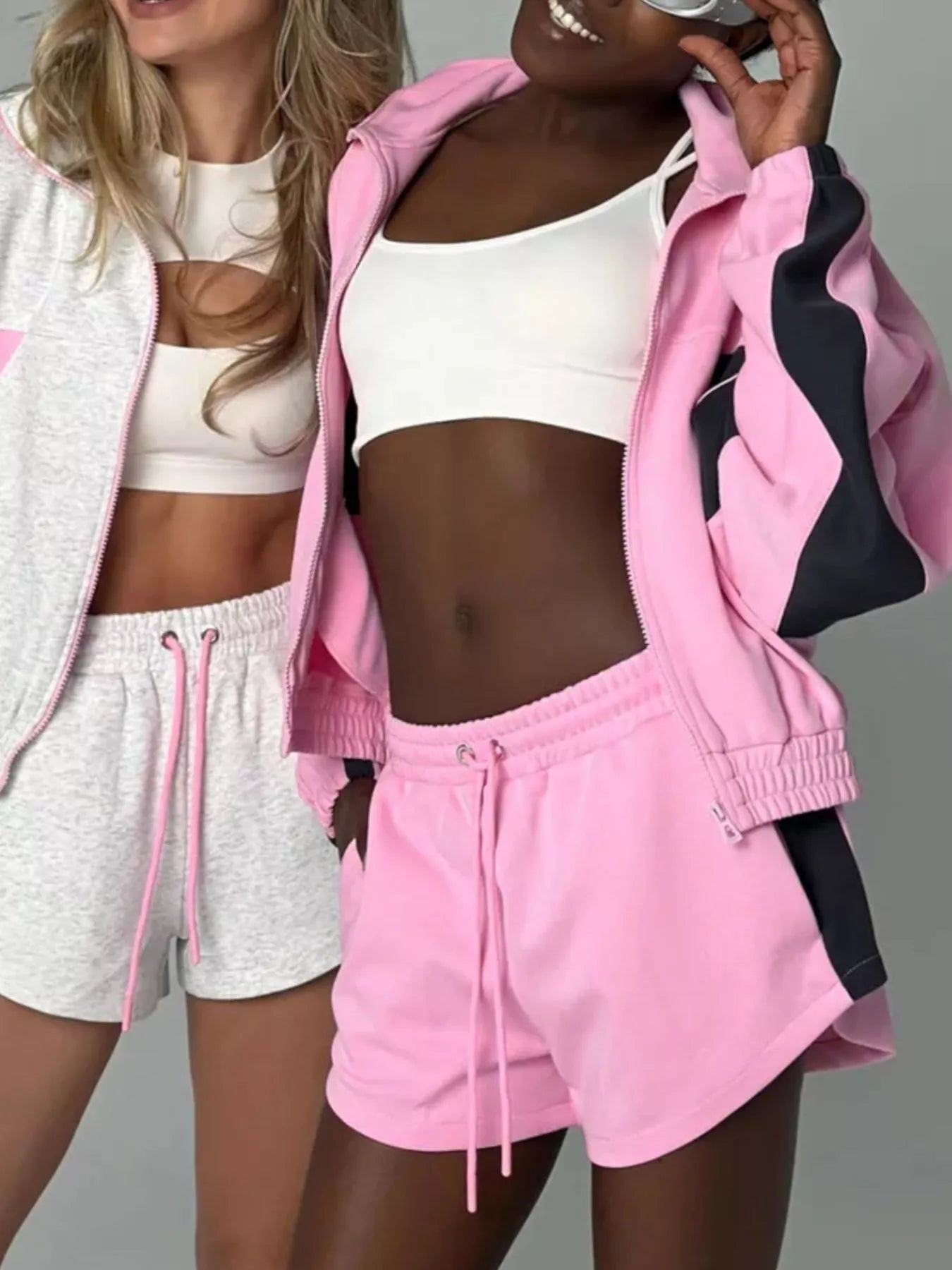 Zip Up Long Sleeve Outerwear and Shorts Set