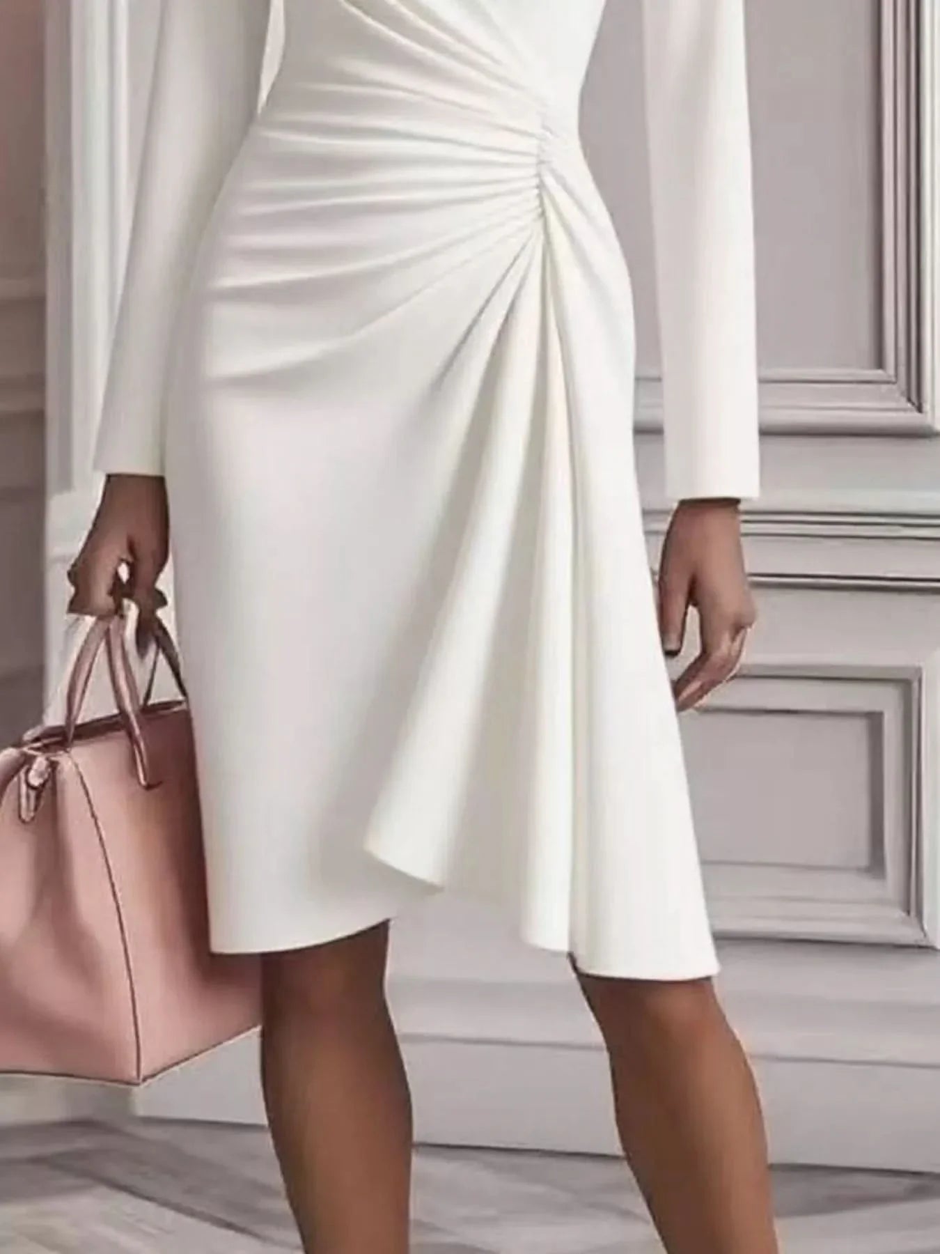 Front Ruched V-Neck Long Sleeve Dress