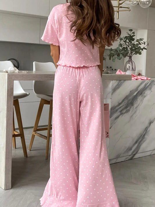 Sweet Pink Polka Dot Lounge Set – Soft Round Neck Top & Pants