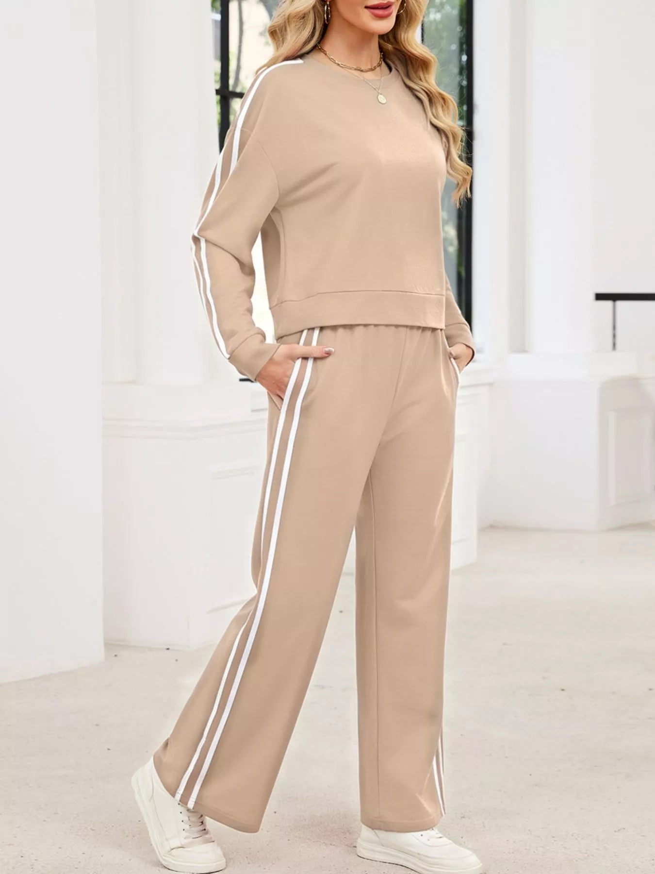 Striped Round Neck Sweatshirt and Pants Set