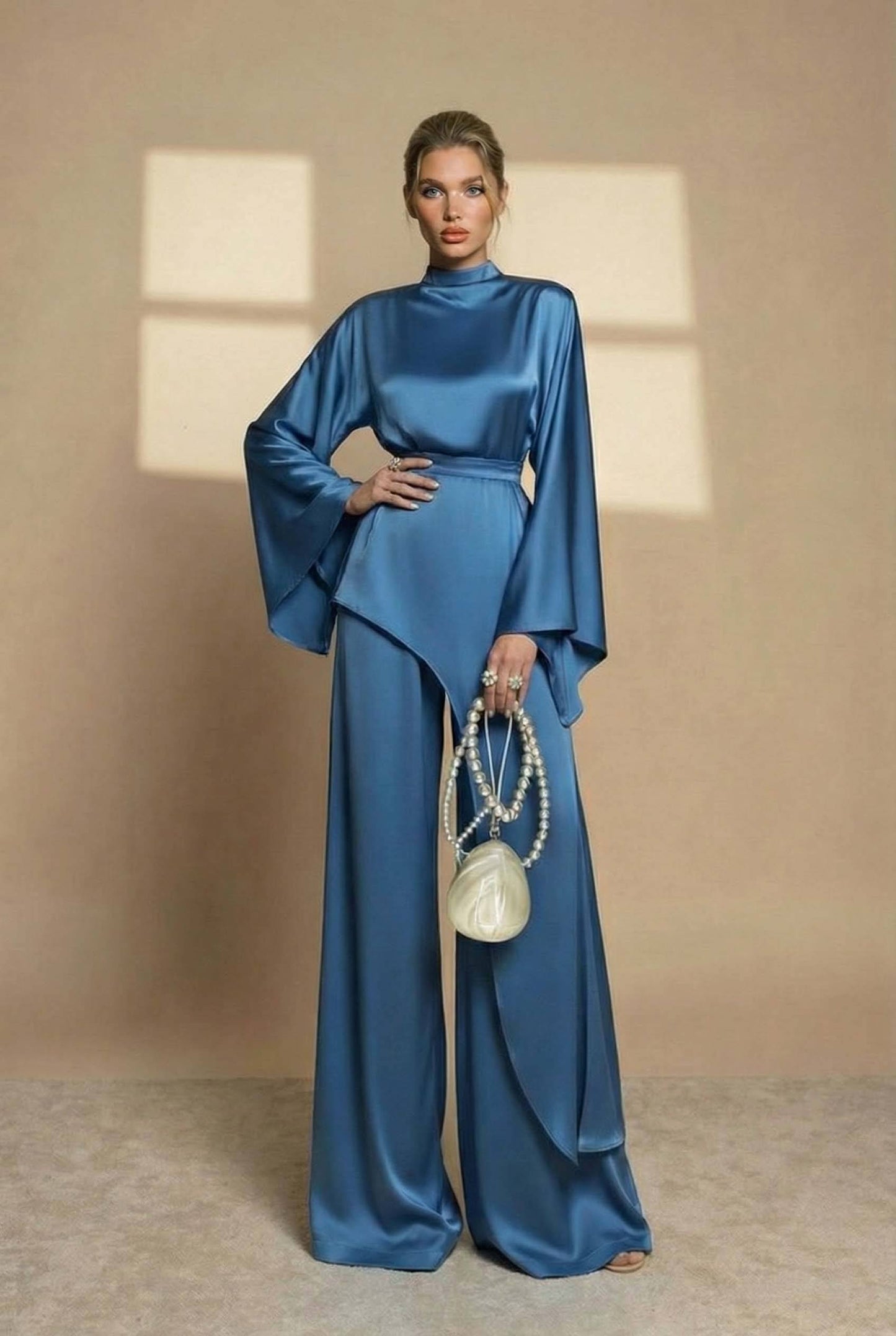 Irregular Shirt And Wide Leg Pants Set Dark Blue