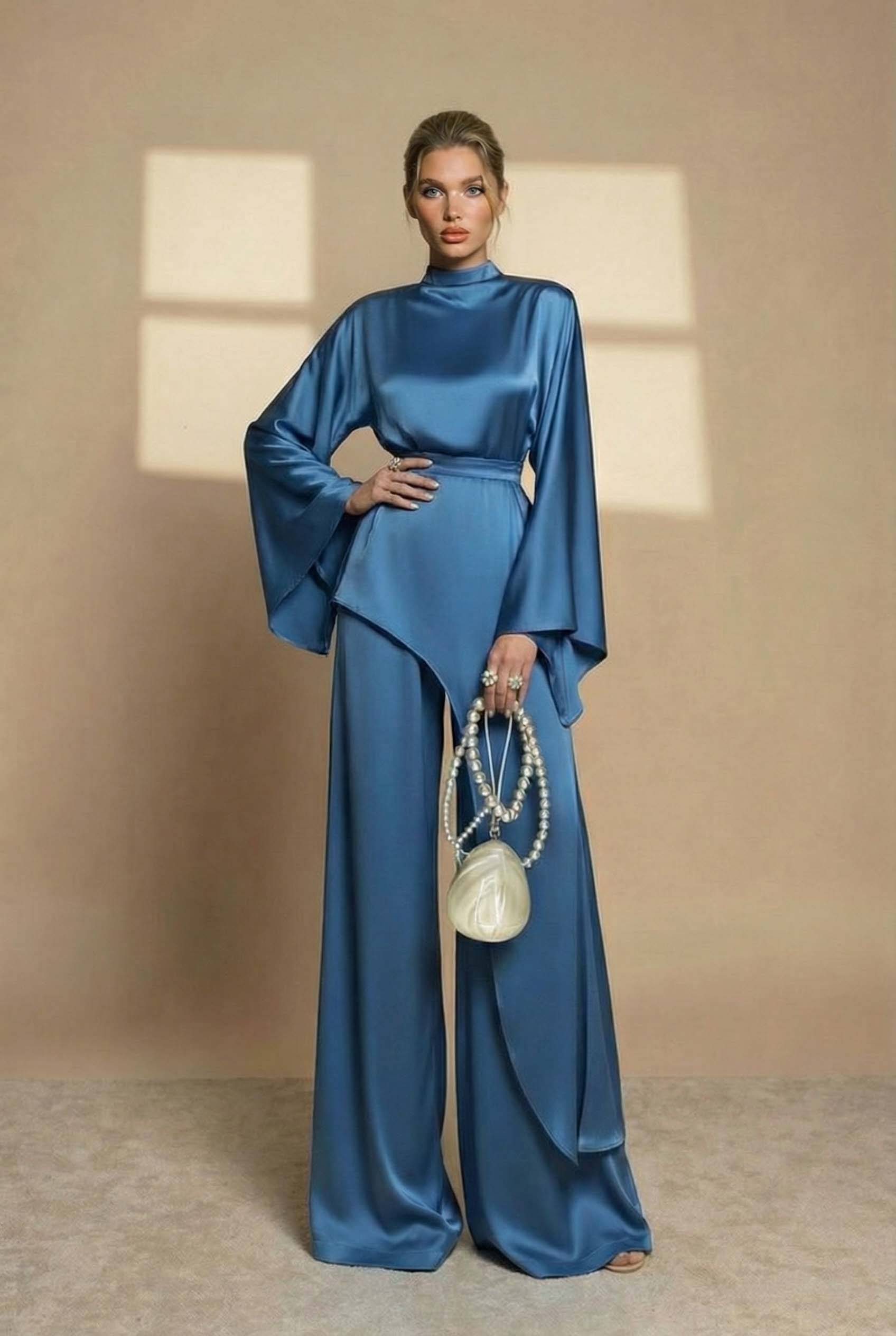 Irregular Shirt And Wide Leg Pants Set Dark Blue