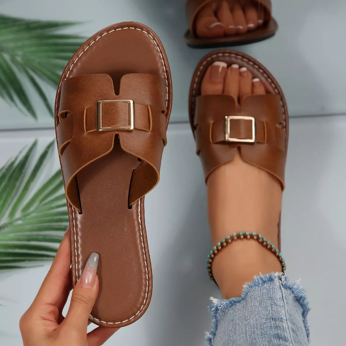 Women's Slide Sandals - Elegant Buckle