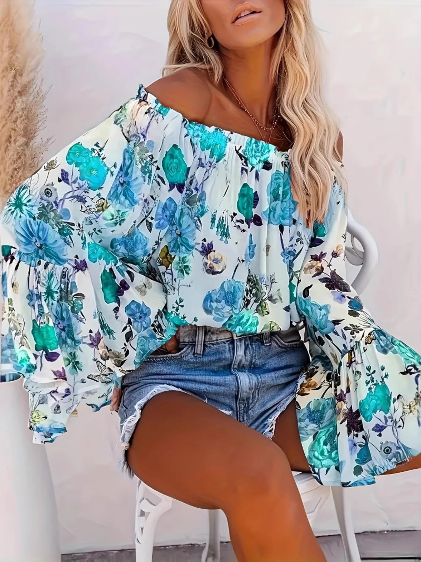 Full Size Floral Off-Shoulder Bell Sleeve Blouse Plus Size