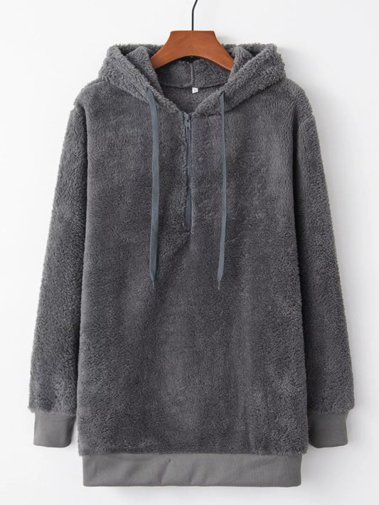 Full Size Half Zip Drawstring Fleece Hoodie Plus Size