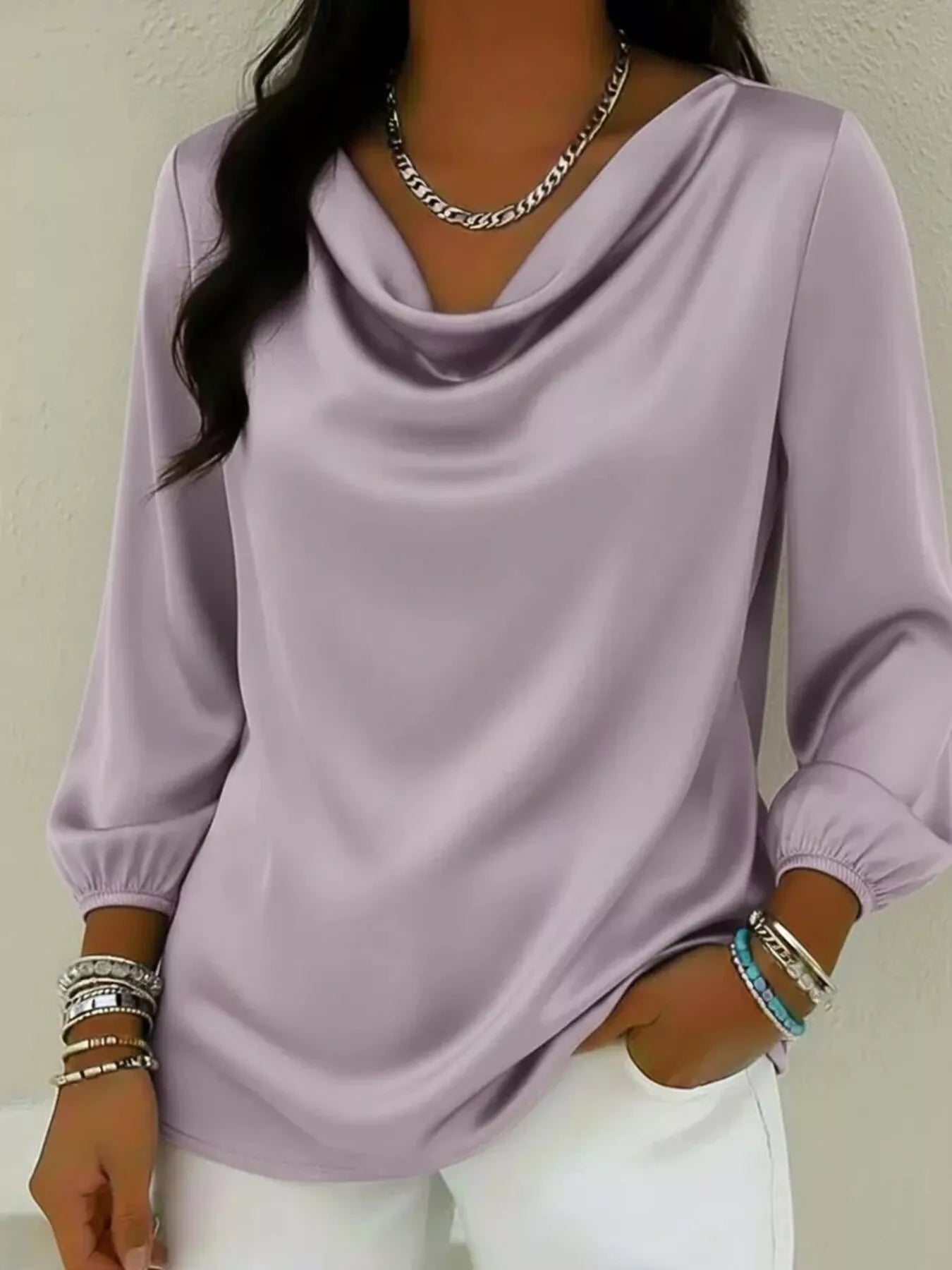Full Size Satin Cowl Neck Blouse Inclusive Sizing