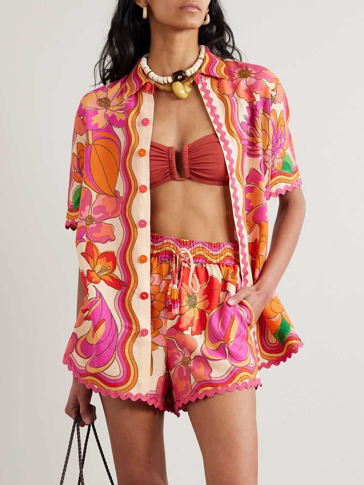 Exquisite Abstract Hibiscus Tropical Floral Print Two-piece Set Multi