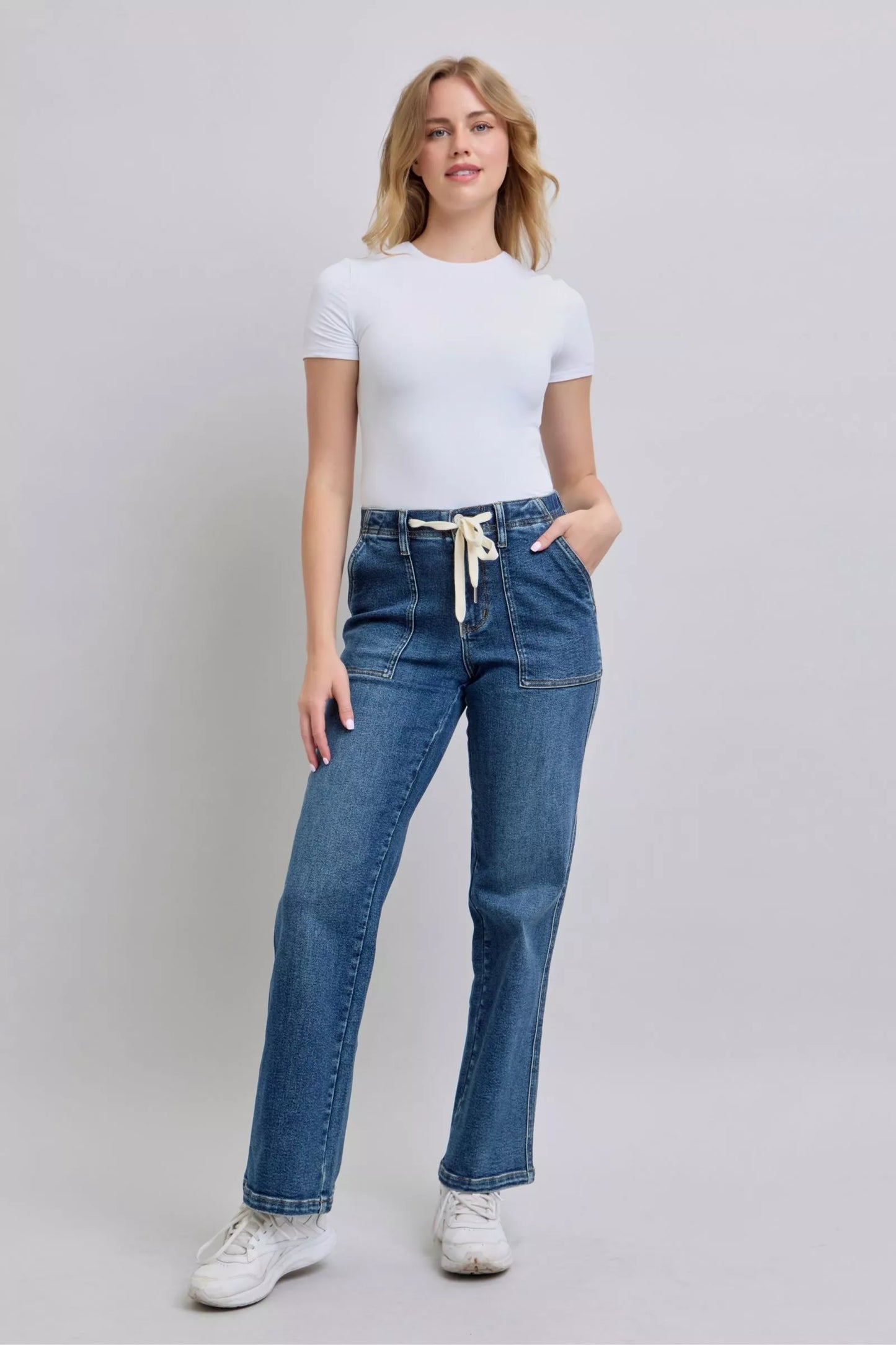 Relaxed Drawstring Straight-Leg Jeans