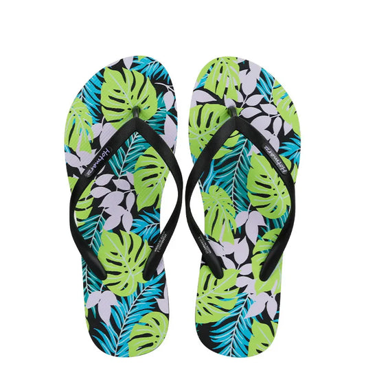 Tropical Print Summer Slippers Black