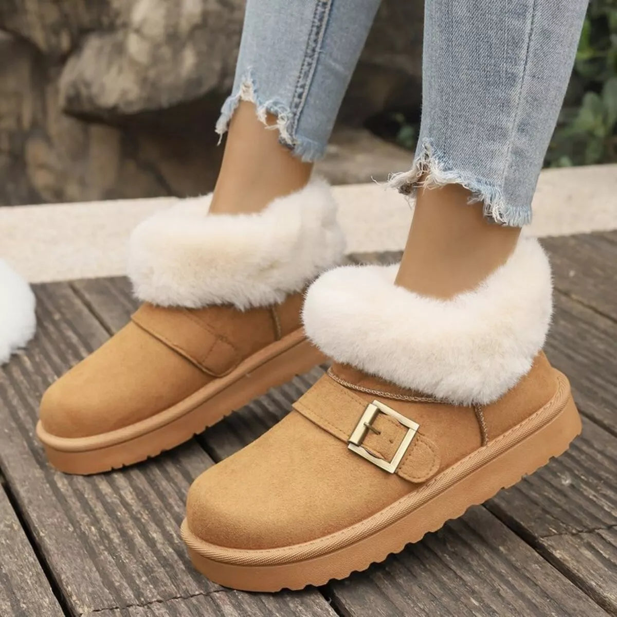 Fuzzy Trim Buckle Accent Winter Boots