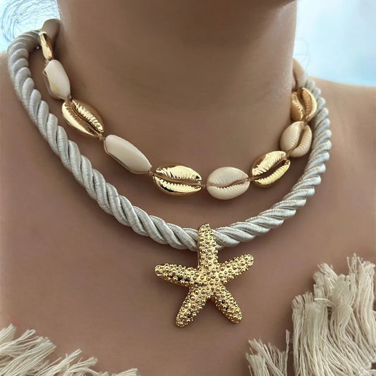 Boho Beaded Shell Starfish Necklace Set – Trendy 2-Piece Rope Jewelry for Women
