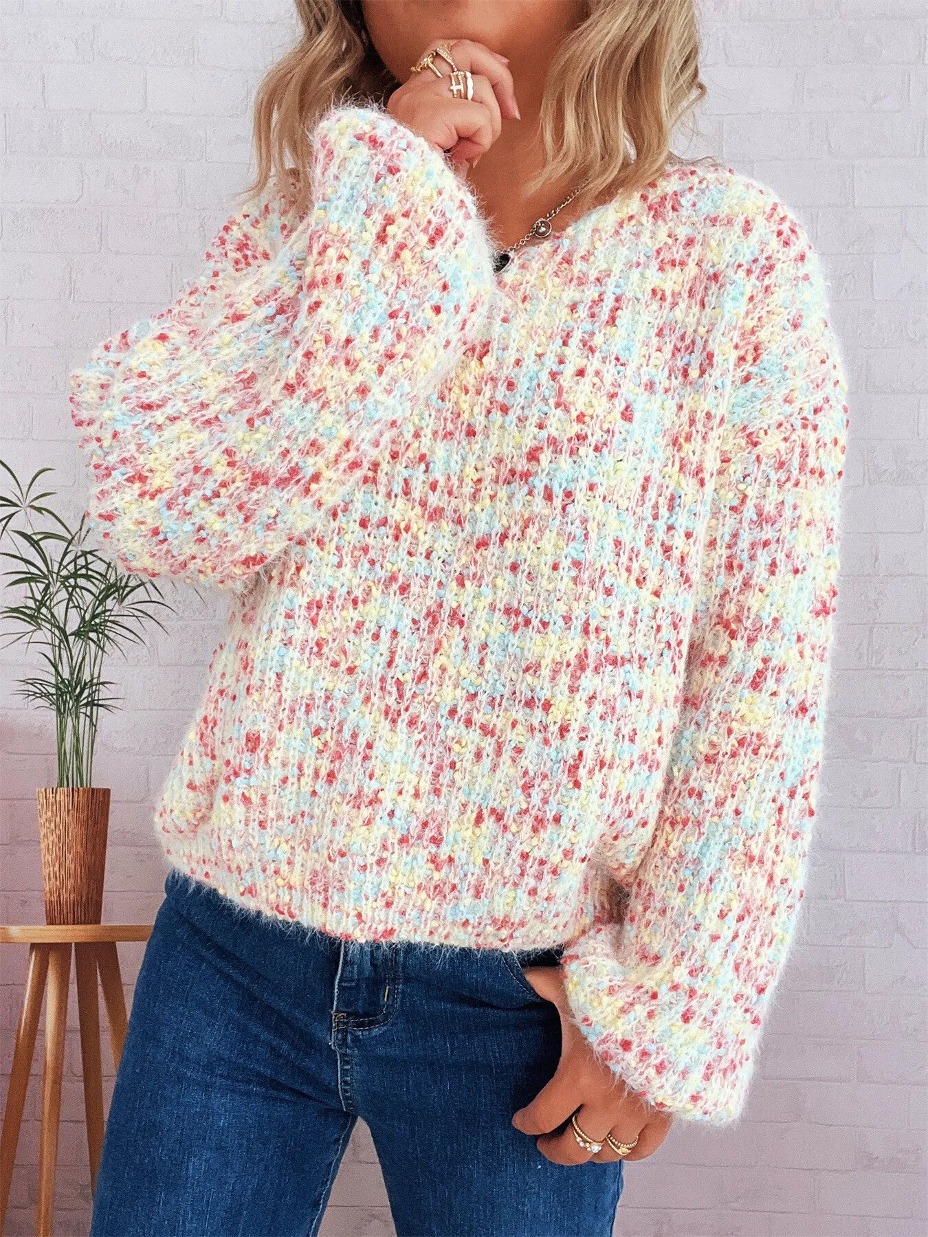 Women’s Colorful Long Sleeve Sweater – Vibrant Knit Pullover for Fall & Winter