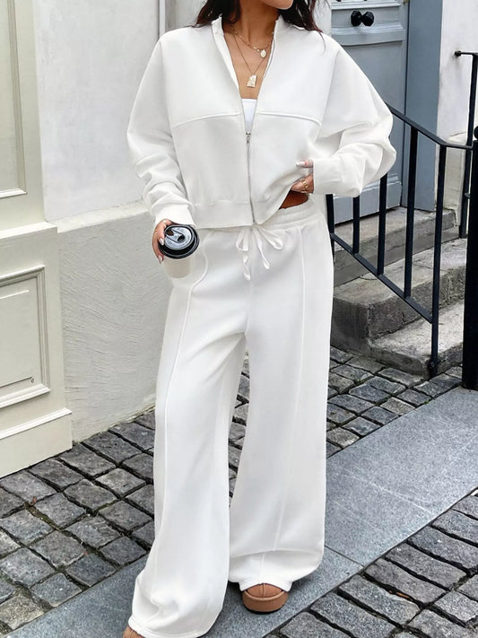 White Zip Up Jacket & Wide Leg Pants Set – Women’s 2-Piece Lounge & Travel Outfit
