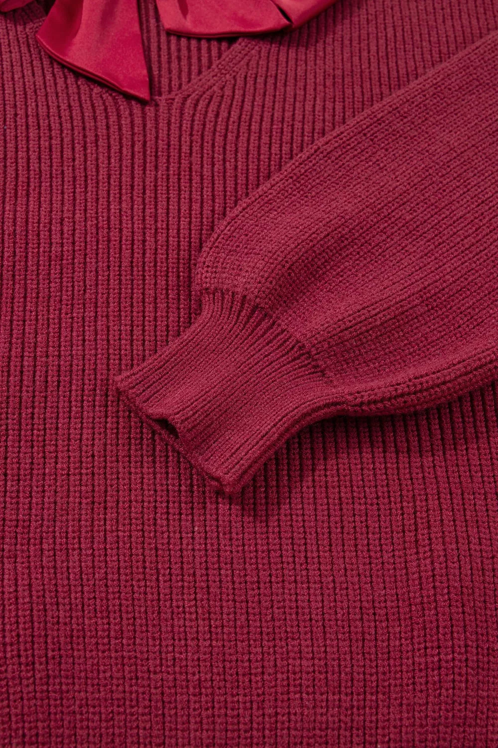 Ribbed Knit Ribbon Knot Backless Drop Shoulder Sweater