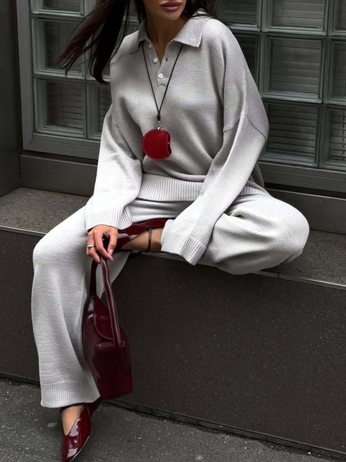 Polo Collar Top and Wide Leg Pants Knit Set