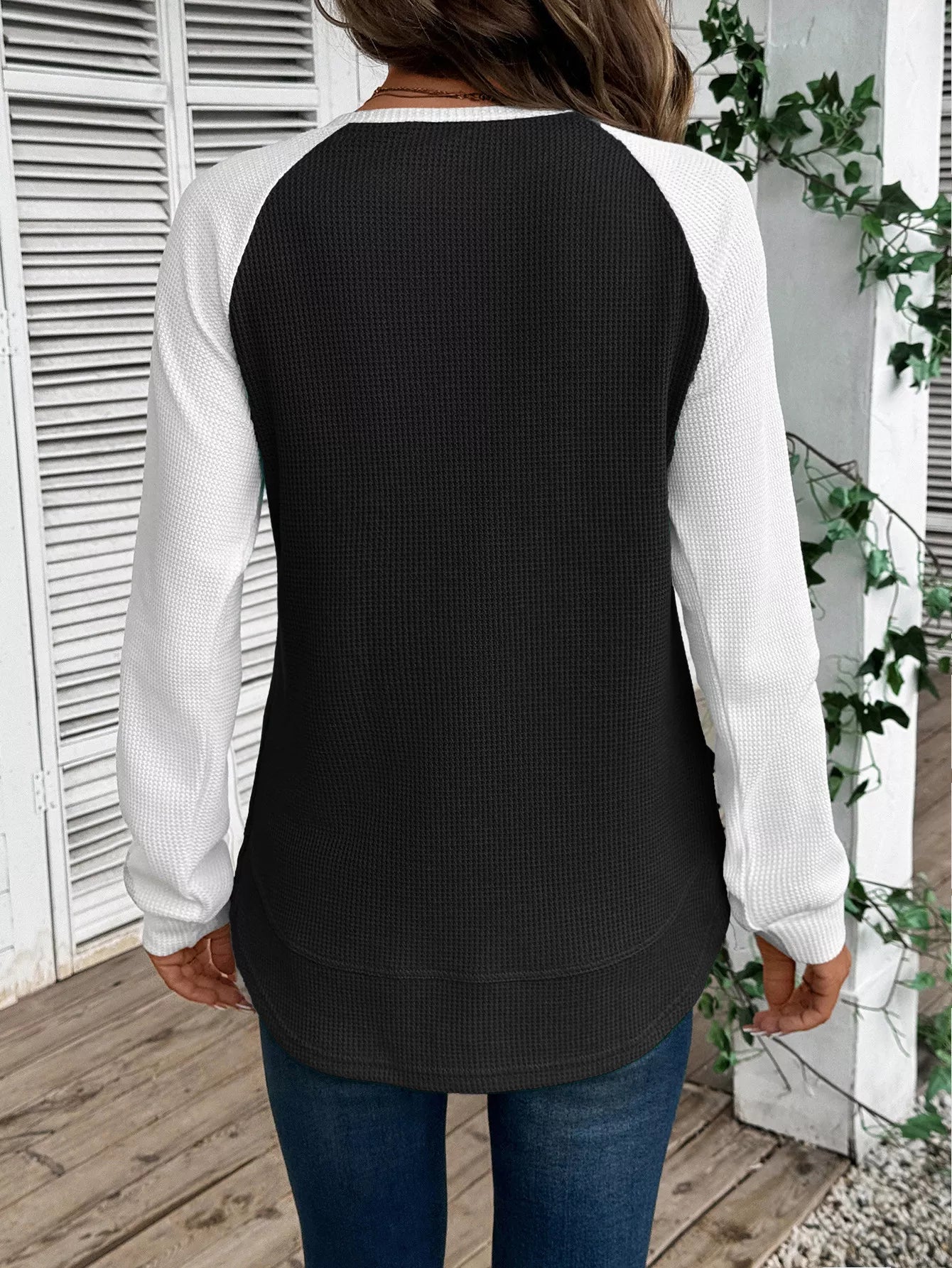 Contrast Raglan Sleeve Waffle Knit T-Shirt