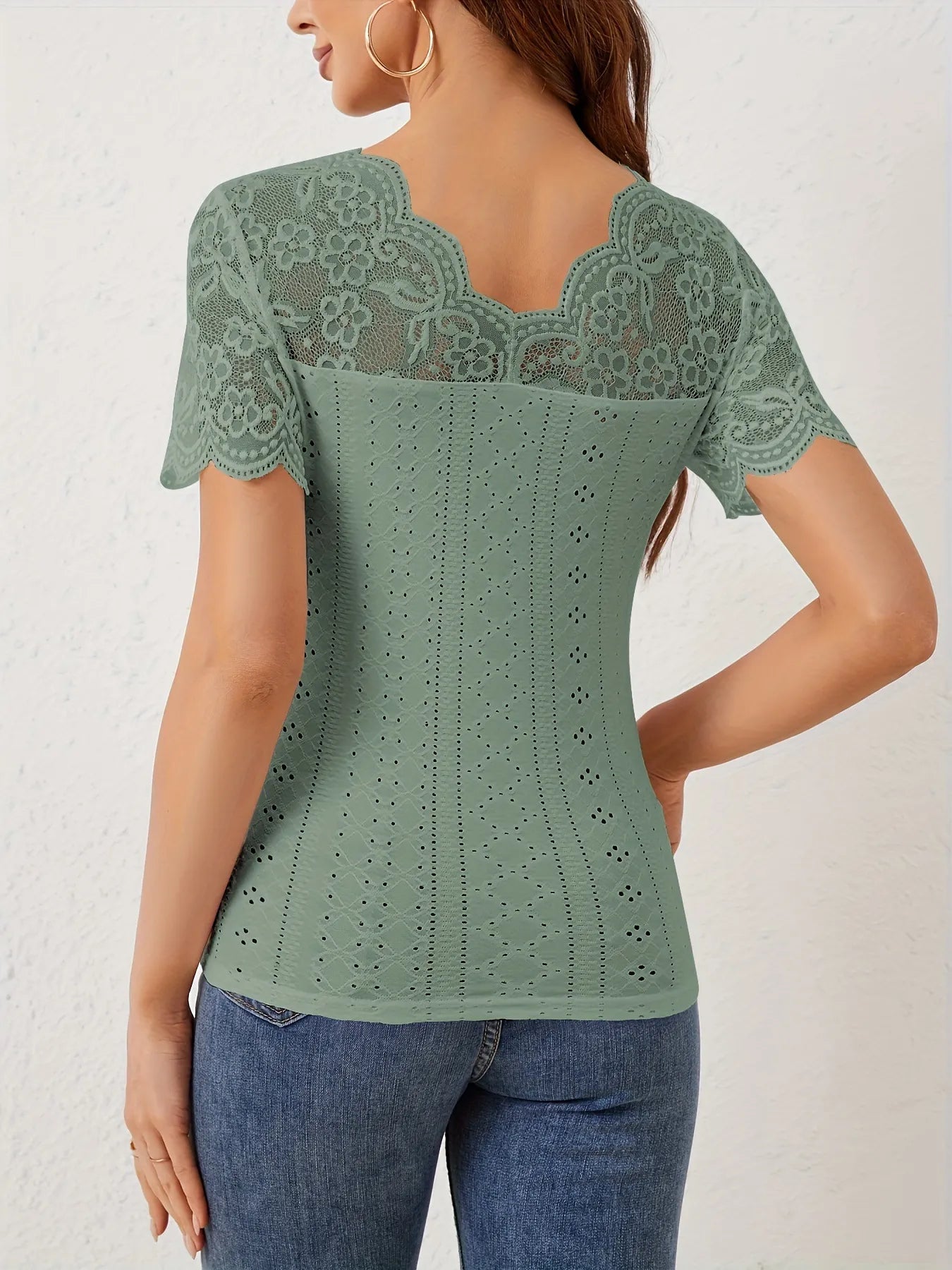 Lace Trim Eyelet Embroidered Summer T-Shirt