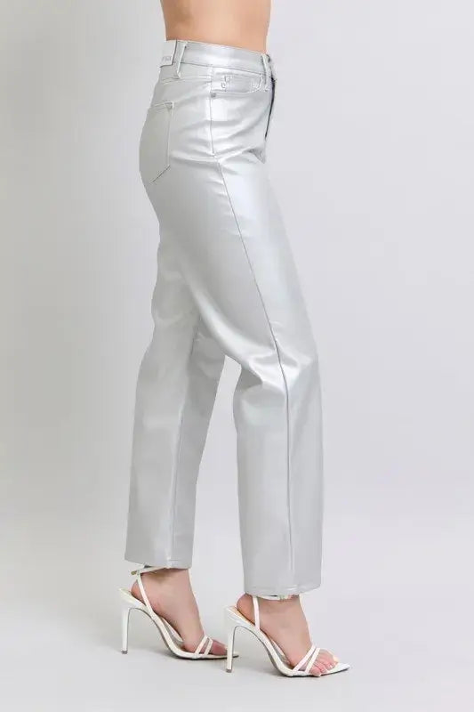 Silver Moon Full Size High Waist Silver Faux Leather Pants Plus Size