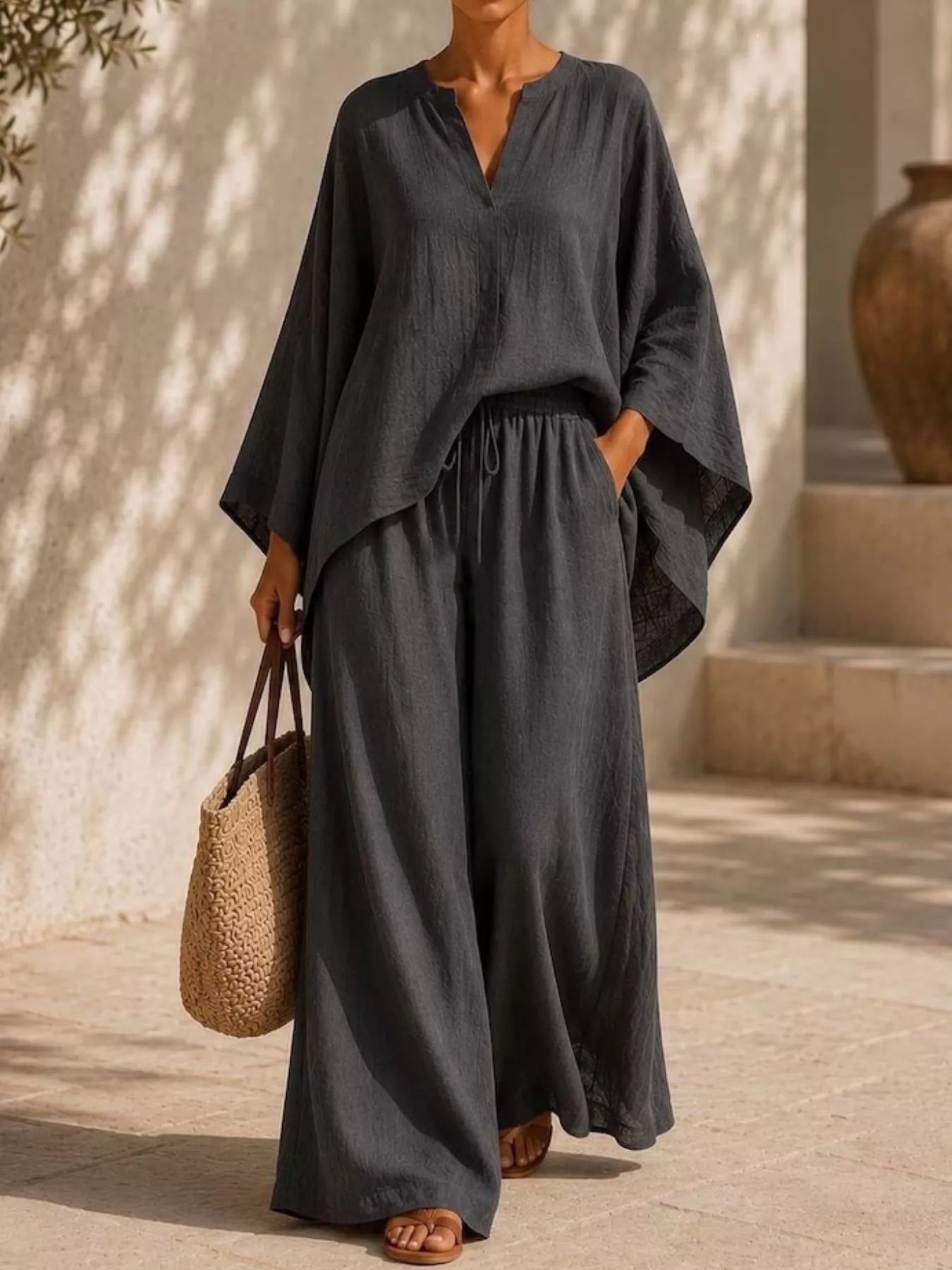 Full Size Notched Long Sleeve Top and Wide-Leg Pants Set Plus Size