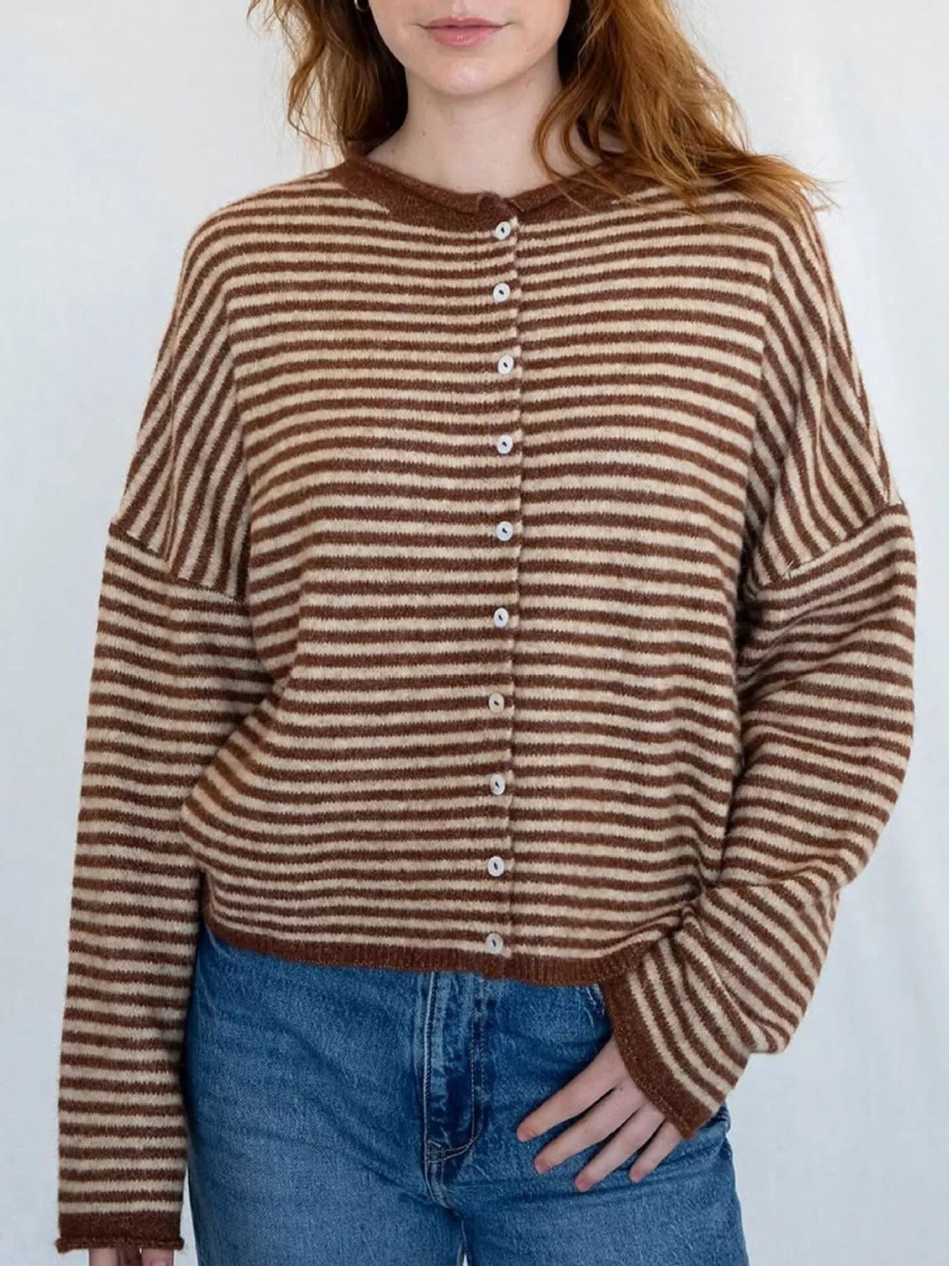 Women’s Striped Button-Down Dropped Shoulder Cardigan – Cozy Knit Sweater