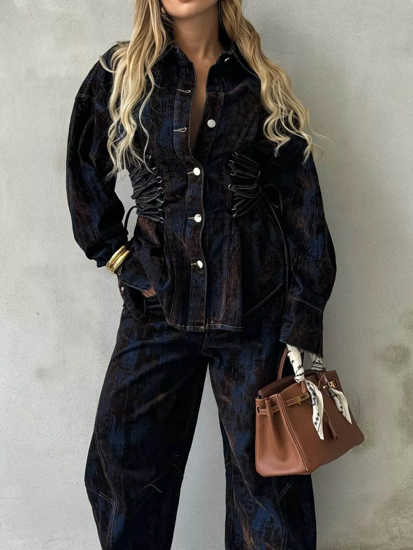 Lace Up Button Up Jacket and Jeans Denim Set
