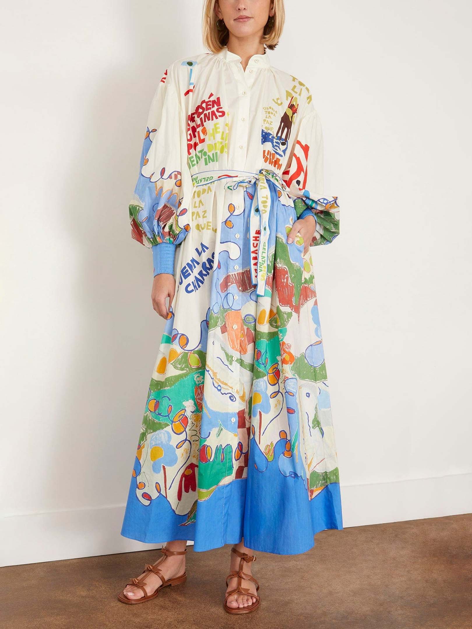 Unique Island Painted Print Shirt-style Maxi Dress Blue