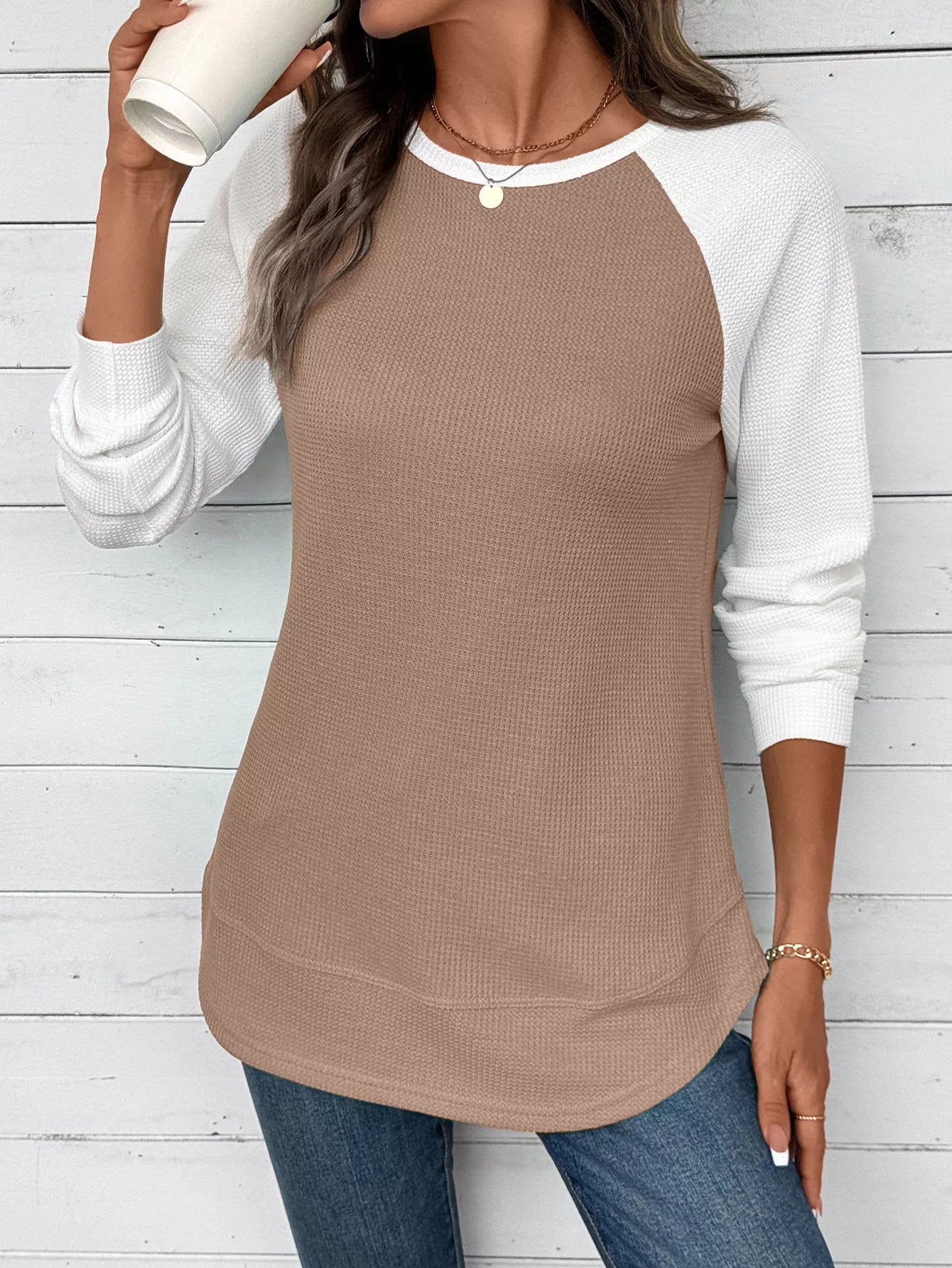 Contrast Raglan Sleeve Waffle Knit T-Shirt