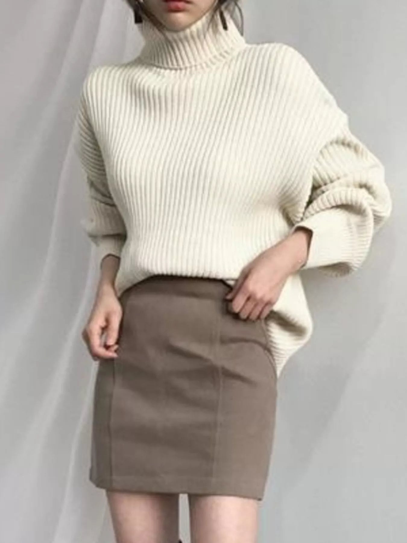Full Size Oversized Turtleneck Ribbed Knit Sweater Plus Size