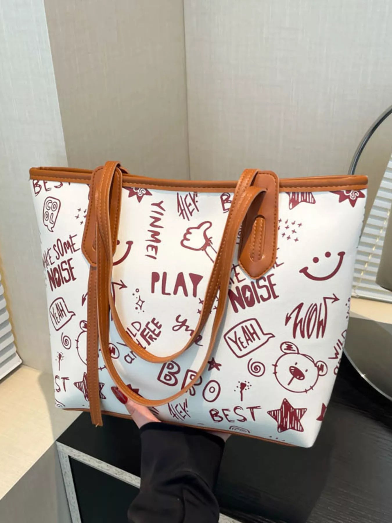 Trendy Graffiti Print Casual Tote Bag – Large Canvas Shoulder Bag for Women