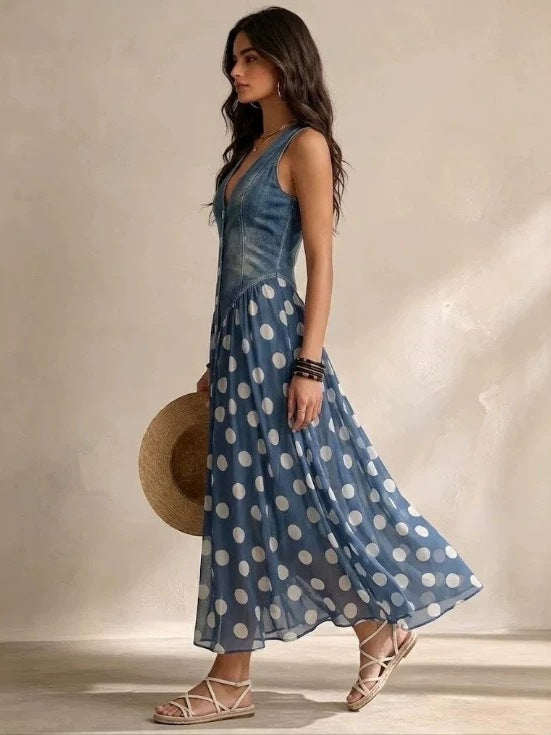 Polka Dot Sleeveless V-Neck Dress