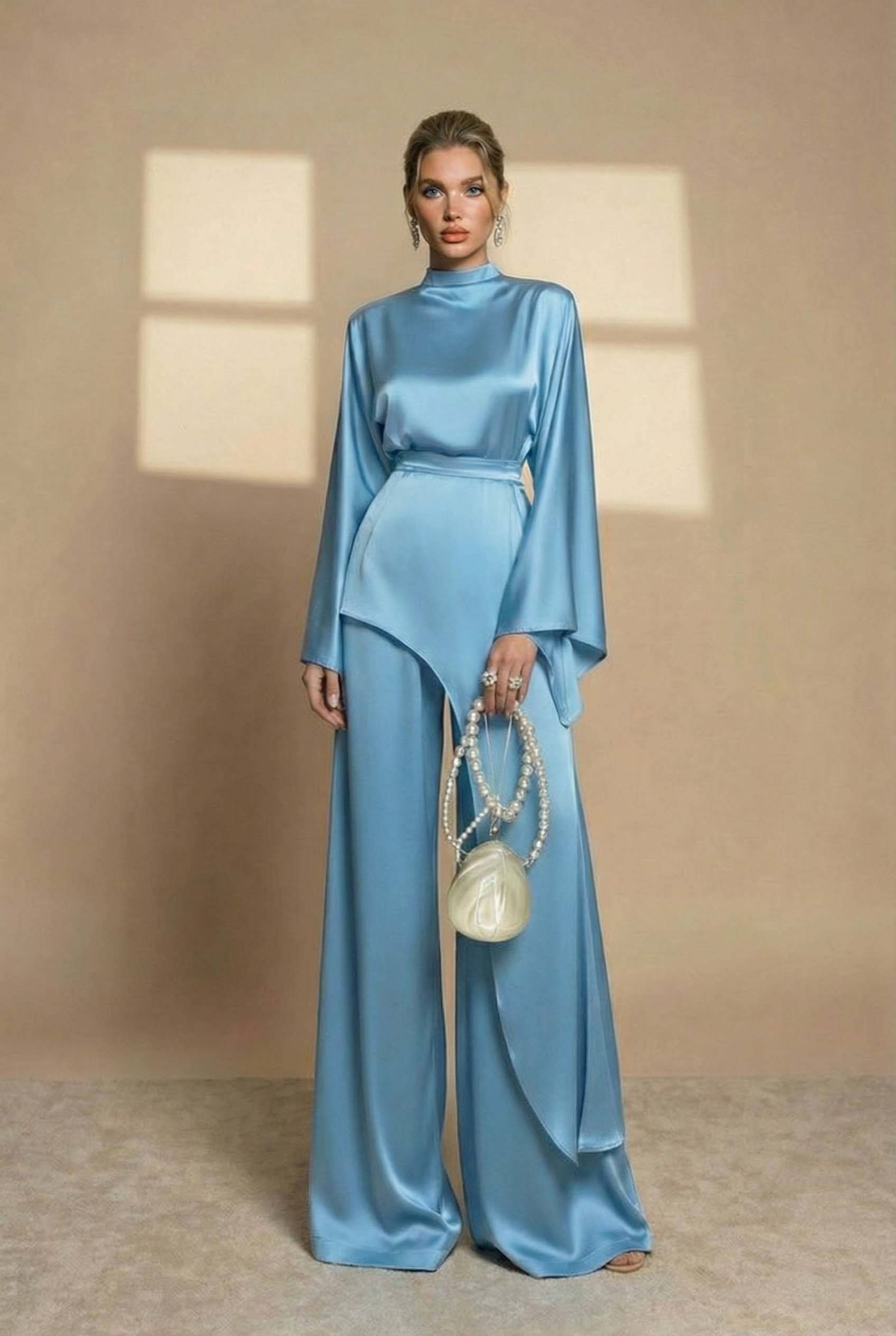 Irregular Shirt And Wide Leg Pants Set Light Blue