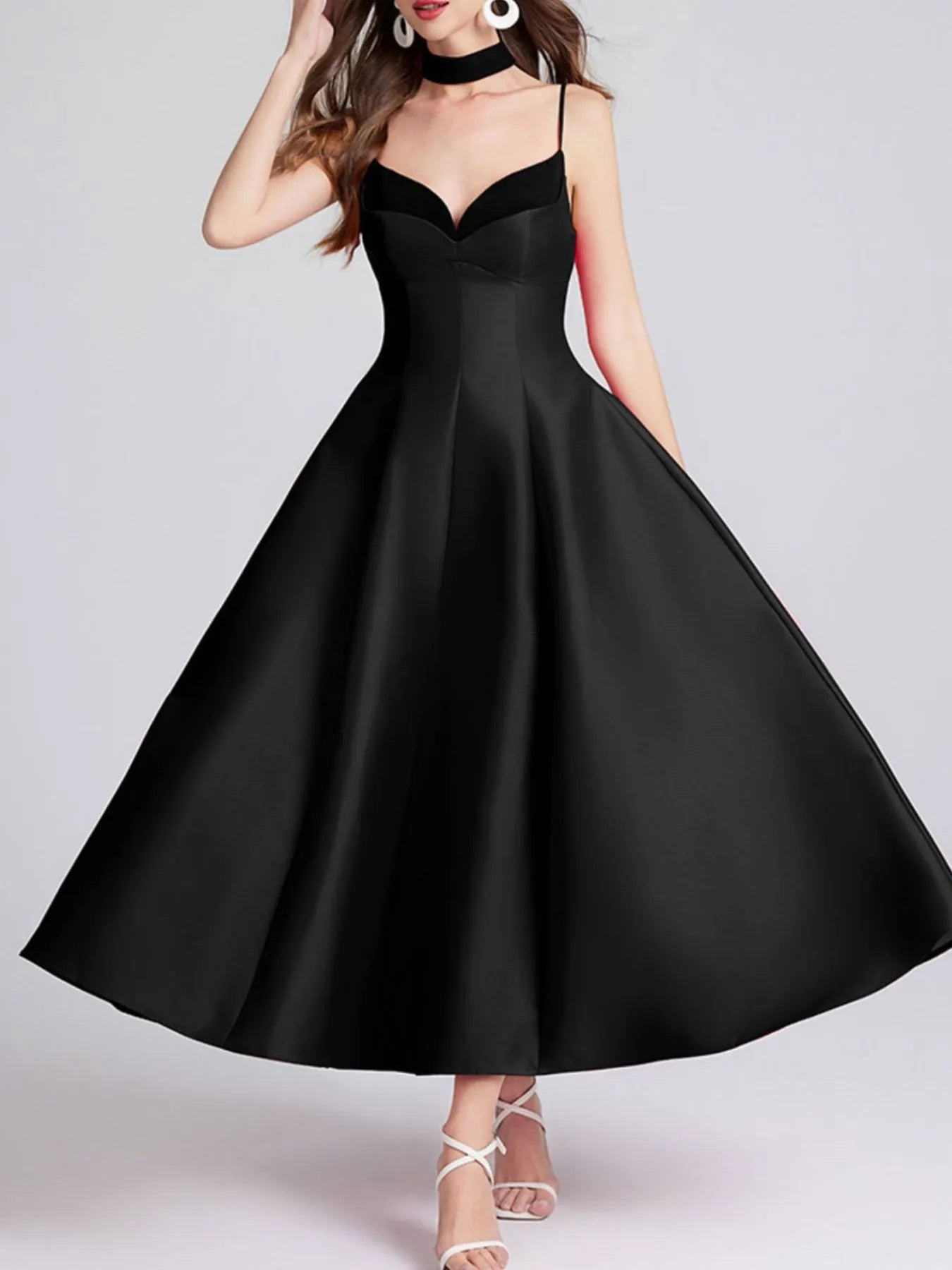 Sweetheart Spaghetti Strap Midi Dress with Collar – Elegant Summer Dress