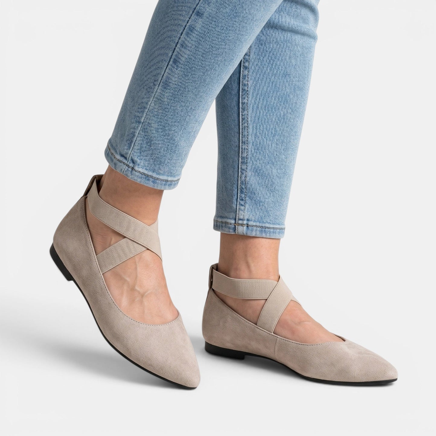 Elena — Matte Black Ballet Flats With Chic Pointed Toe Ankle Strap Design Beige