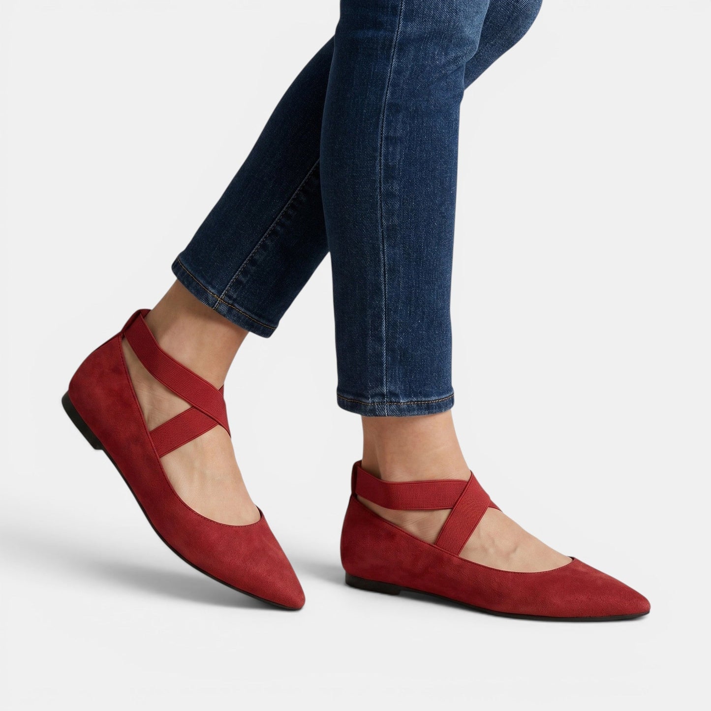 Elena — Matte Black Ballet Flats With Chic Pointed Toe Ankle Strap Design Red