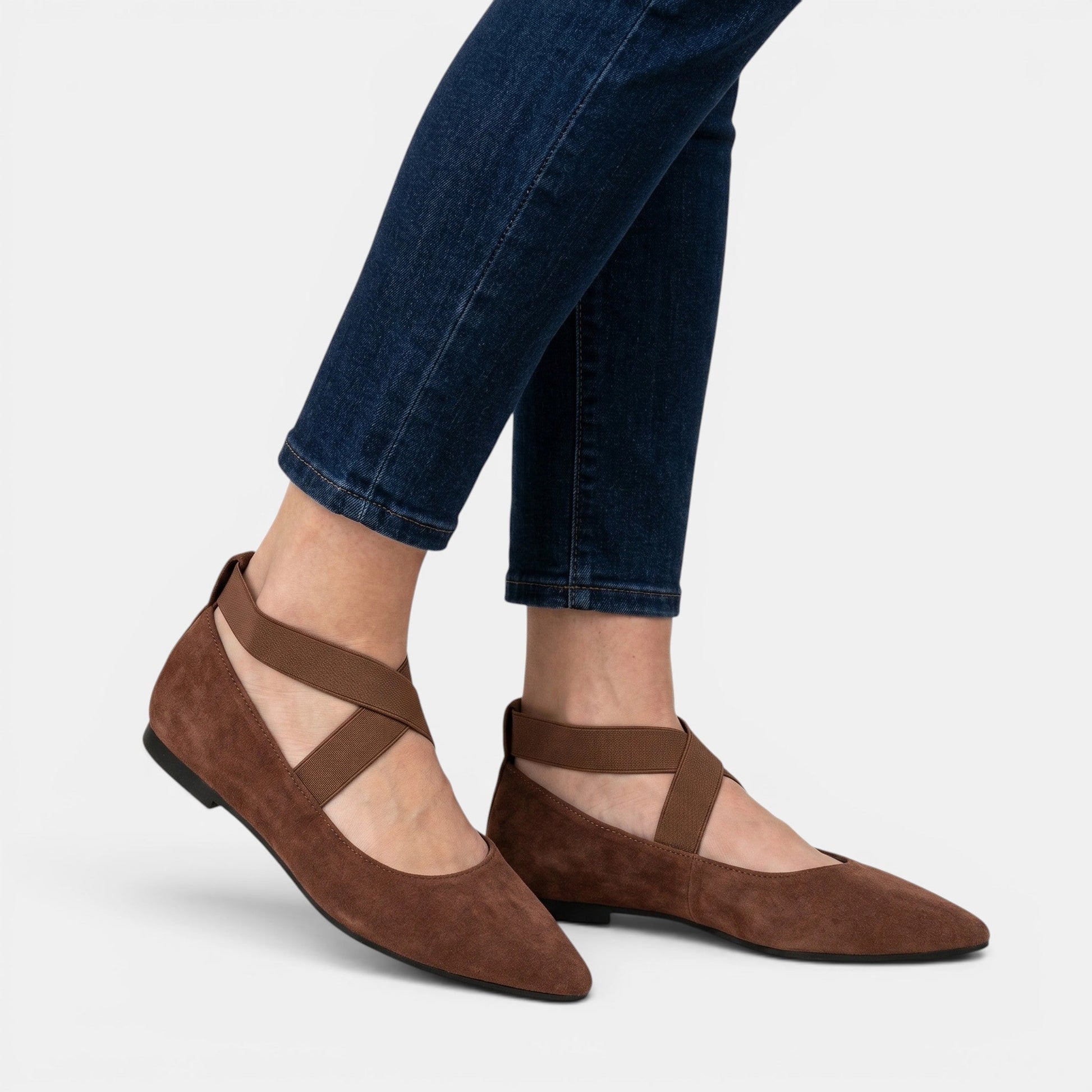 Elena — Matte Black Ballet Flats With Chic Pointed Toe Ankle Strap Design Brown