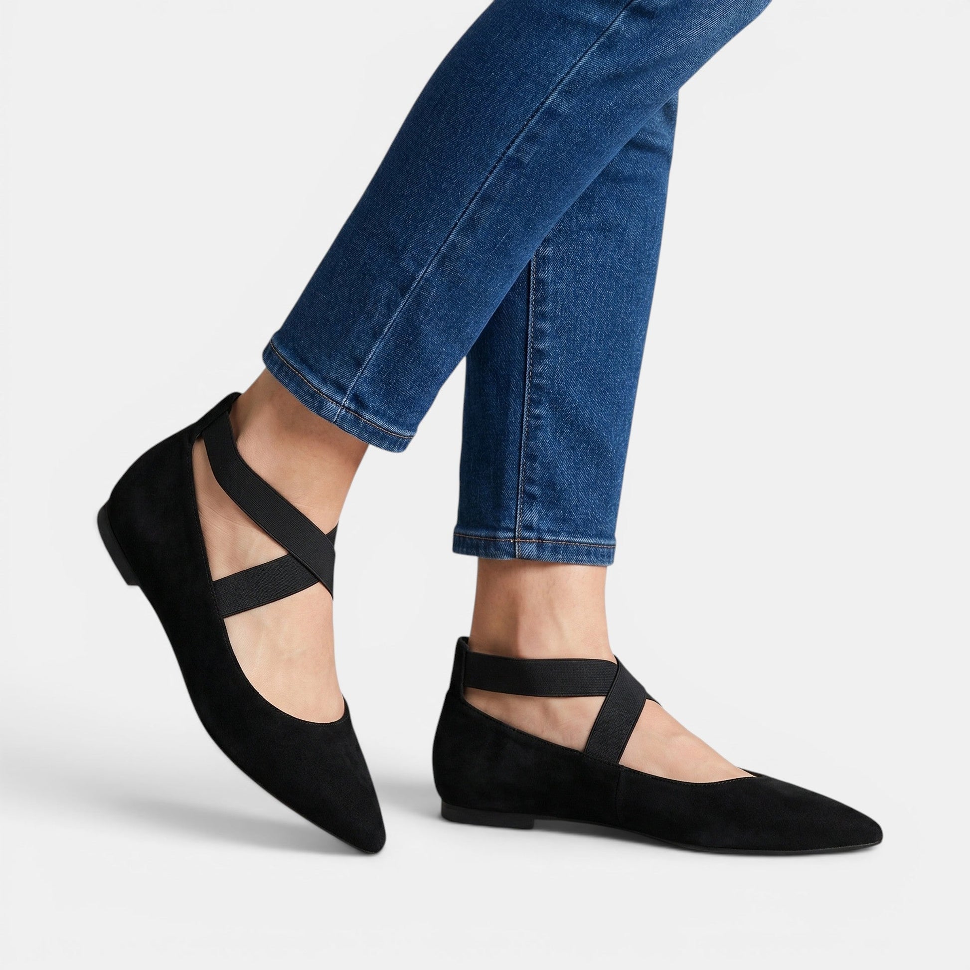 Elena — Matte Black Ballet Flats With Chic Pointed Toe Ankle Strap Design Black