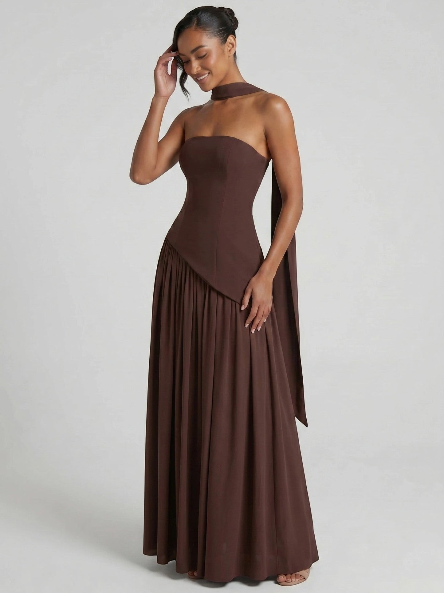 Evelyn — Elegant Chiffon Evening Dress With Strapless Scarf Detail Brown